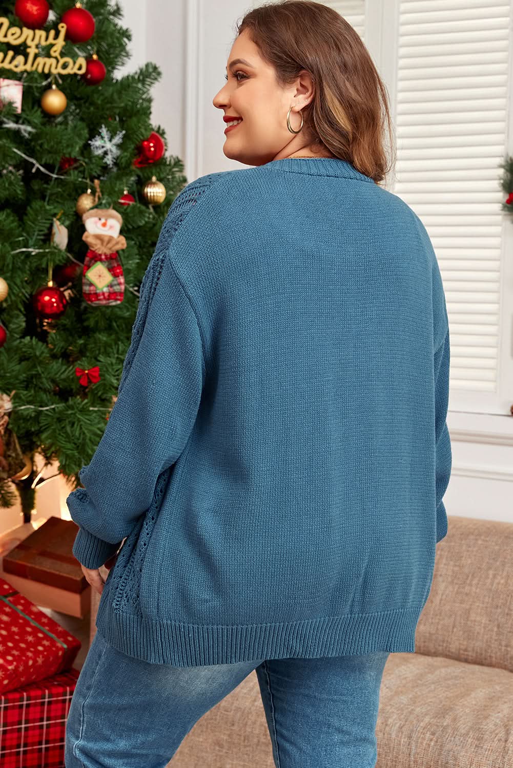 Real Teal Open Knit V Neck Button Front Drop Shoulder Plus Size Cardigan - Love Salve